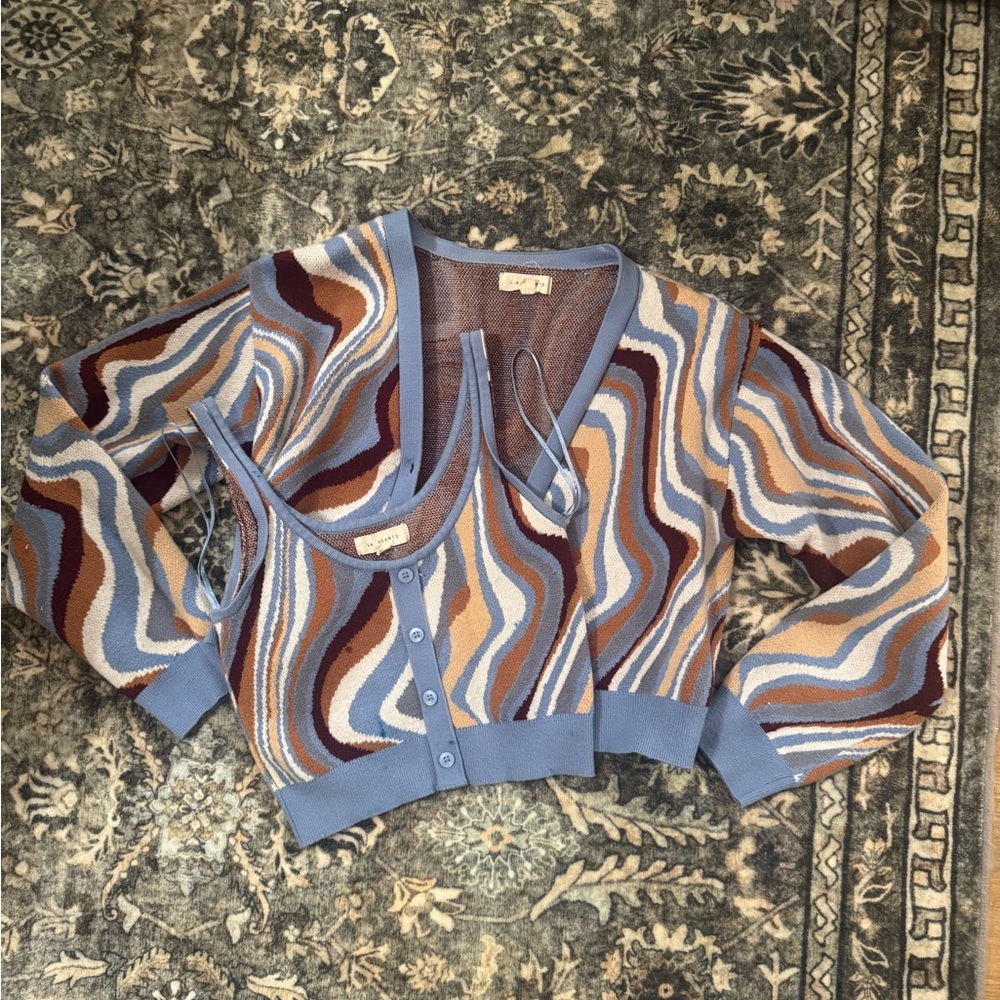 Wavy Multi-Color Knit Cardigan & Tank Set - Blue, Brown, Cream
